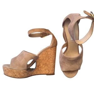 Jimmy Choo Neyo 120 Nude Suede Leather Cork Wedge Peep Toe Heels 38.5